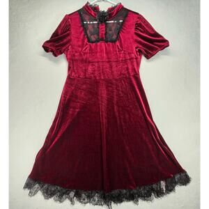 Romwe Velvet Dress Womens L Goth Contrast Lace Puff Sleeve Red New Whimsygoth